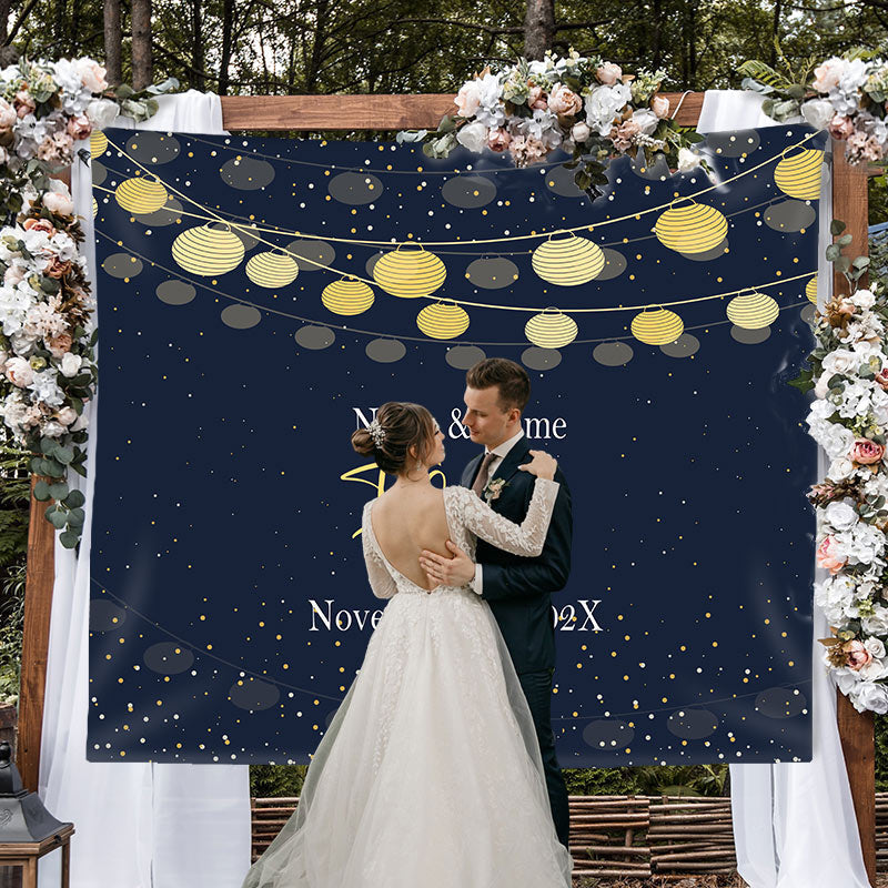 Lofaris Personalized Navy Gold Couples Name Wedding Backdrop