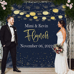 Lofaris Personalized Navy Gold Couples Name Wedding Backdrop