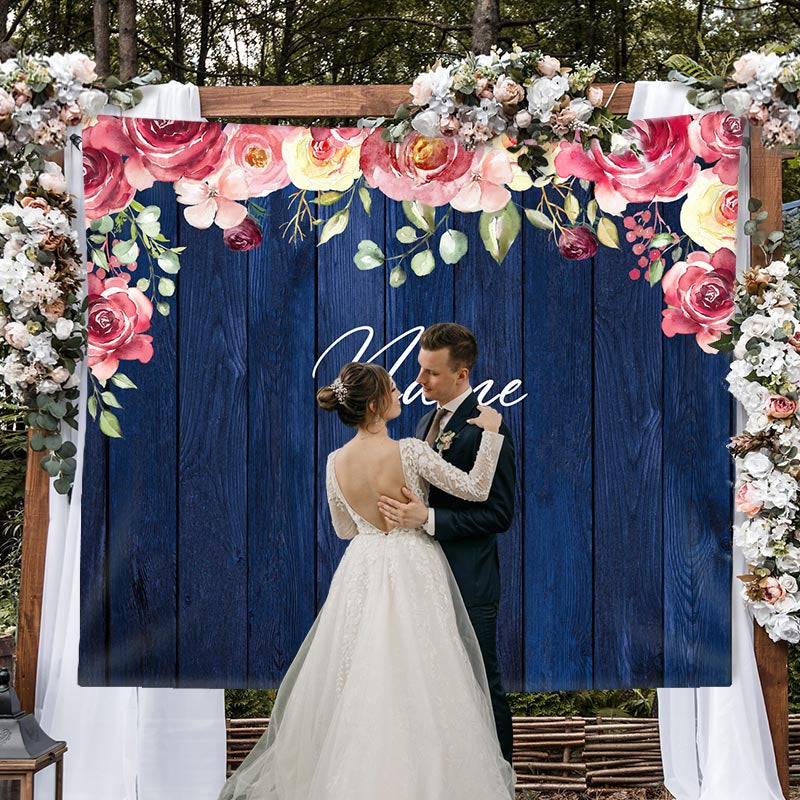 Lofaris Personalized Navy Wood Flower Wedding Backdrop