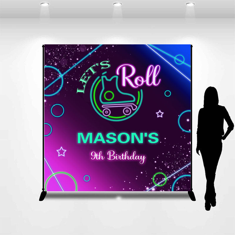 Lofaris Personalized Neon Lets Roll 9th Birthday Backdrop