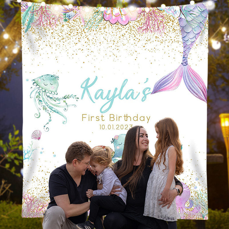 Lofaris Personalized Pastel Mermaid Birthday Backdrop Banner