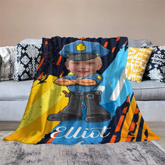 Lofaris Personalized Photo Cartoon Hug Policeman Boy Blanket