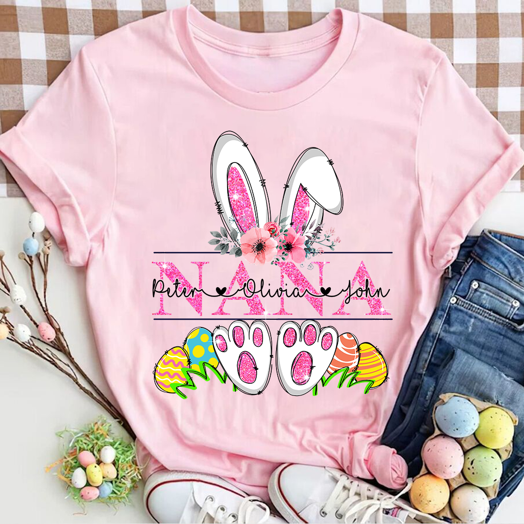 Lofaris Personalized Pink Bunny Nana Kids Easter T-Shirt