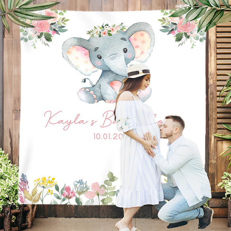 Lofaris Personalized Pink Elephant Baby Shower Backdrop Banner