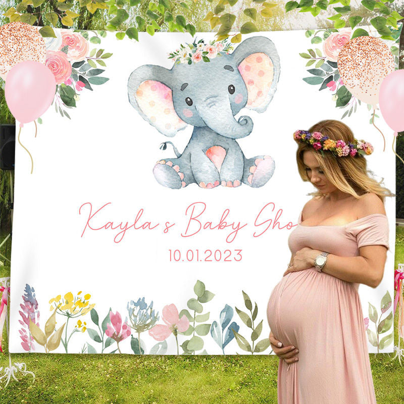 Lofaris Personalized Pink Elephant Baby Shower Backdrop Banner