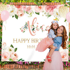 Lofaris Personalized Pink Floral Party Decor Backdrops