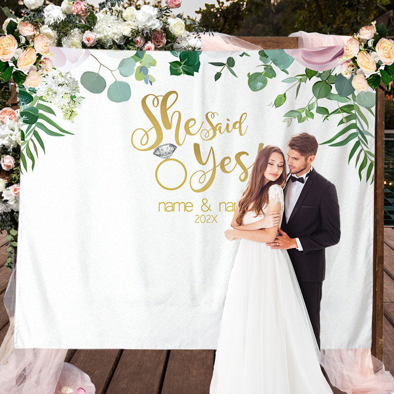 Lofaris Personalized Pink Floral She Said Yes Wedding Backdrop