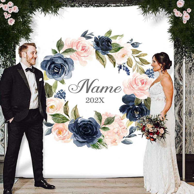 Lofaris Personalized Pink Navy Watercolor Floral Wedding Backdrop