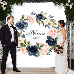 Lofaris Personalized Pink Navy Watercolor Floral Wedding Backdrop