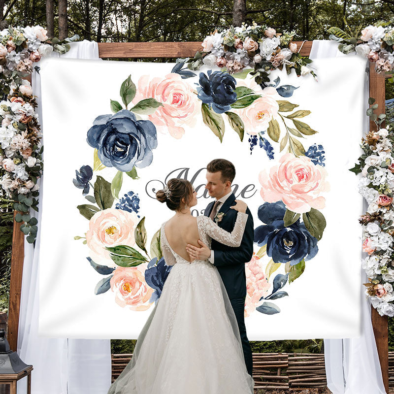 Lofaris Personalized Pink Navy Watercolor Floral Wedding Backdrop