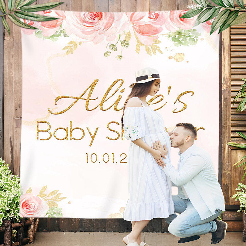 Lofaris Personalized Pink Rose Painting Baby Shower Backdrop