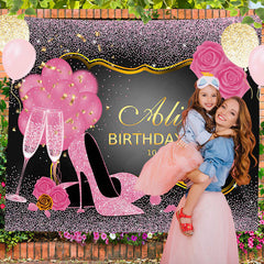 Lofaris Personalized Pink Sparkling Rose Birthday Backdrop