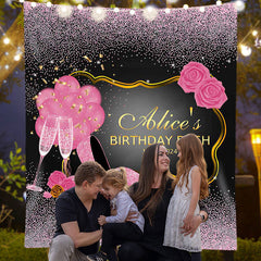 Lofaris Personalized Pink Sparkling Rose Birthday Backdrop