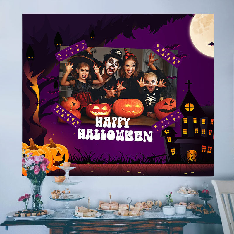 Lofaris Personalized Pumpkin Purple Happy Halloween Backdrop
