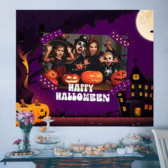 Lofaris Personalized Pumpkin Purple Happy Halloween Backdrop