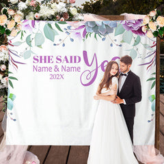 Lofaris Personalized Purple Floral She Said Yes Wedding Backdrop