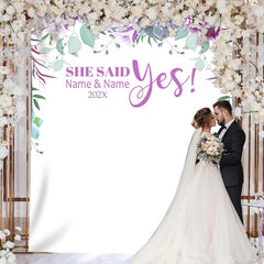 Lofaris Personalized Purple Floral She Said Yes Wedding Backdrop