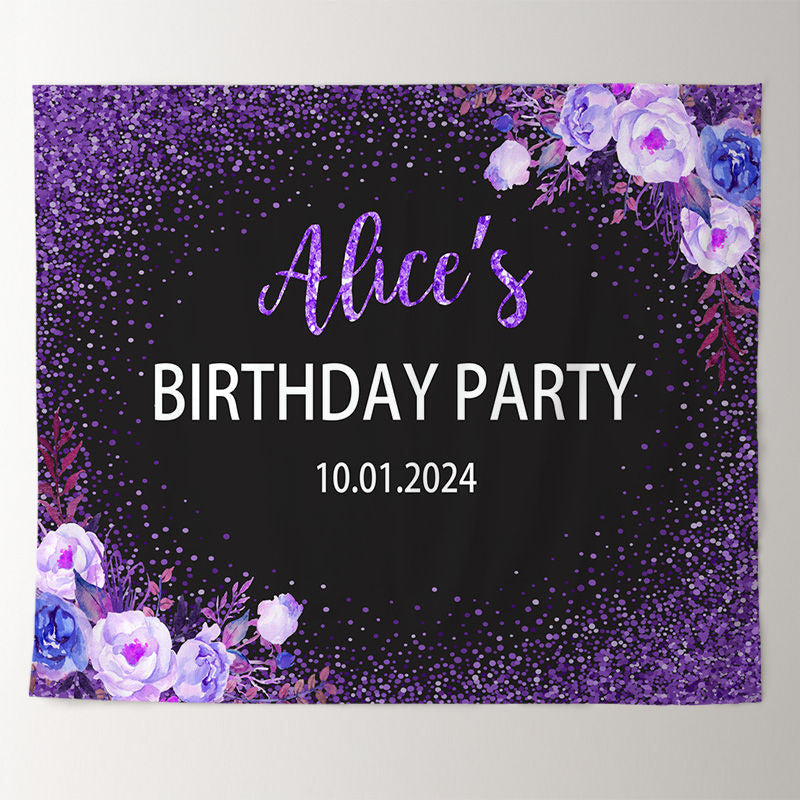 Lofaris Personalized Purple Glitter Floral Birthday Backdrop