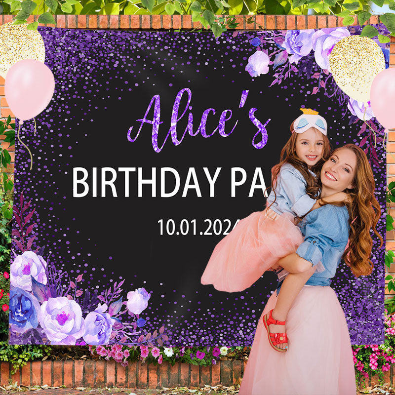 Lofaris Personalized Purple Glitter Floral Birthday Backdrop