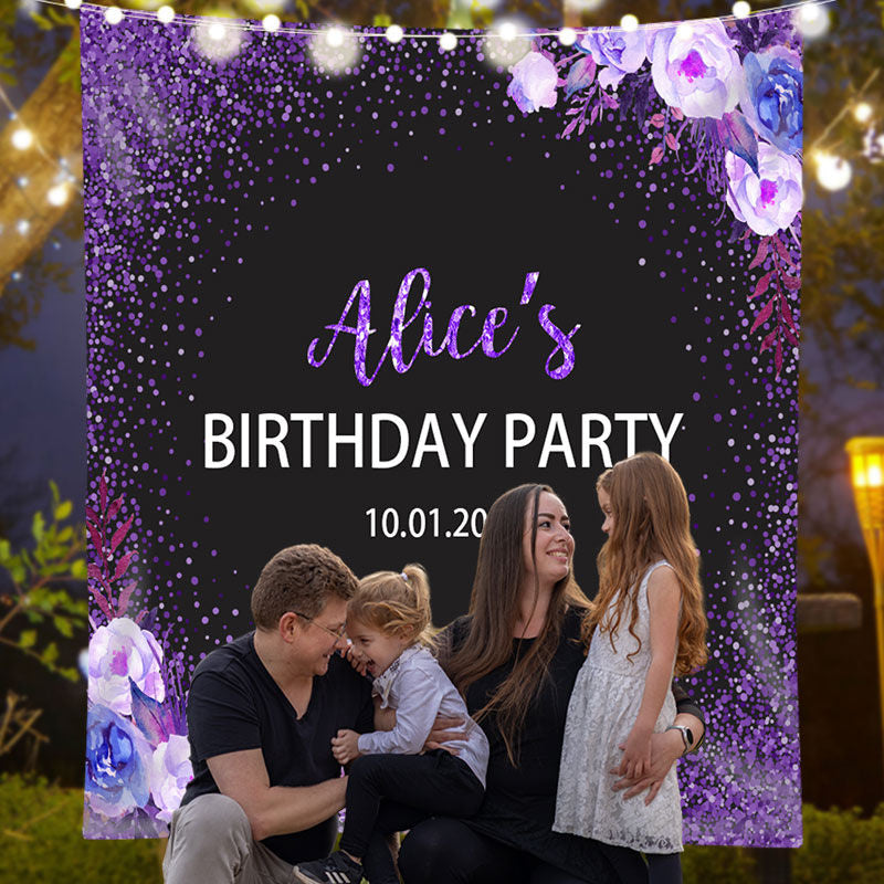 Lofaris Personalized Purple Glitter Floral Birthday Backdrop
