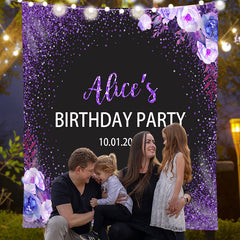 Lofaris Personalized Purple Glitter Floral Birthday Backdrop