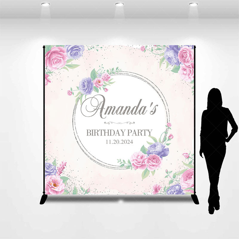 Lofaris Personalized Purple Pink Flowers Birthday Backdrop