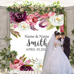 Lofaris Personalized Purple Pink Watercolor Floral Wedding Backdrop