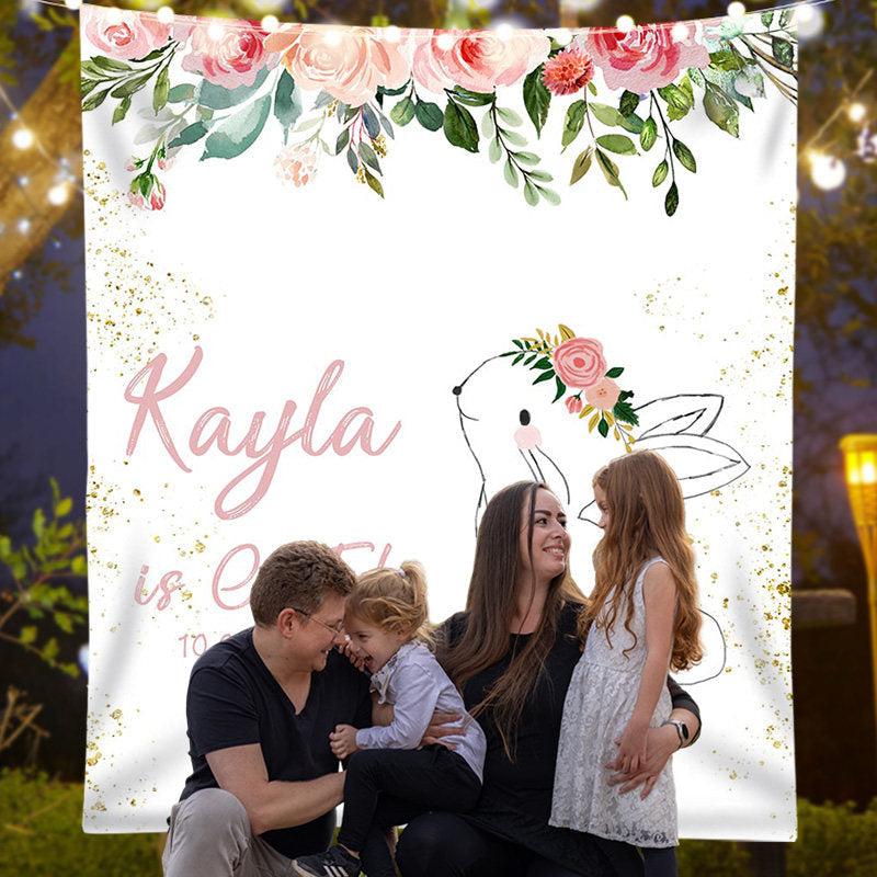 Lofaris Personalized Rabbit And Flower Birthday Backdrop Banner