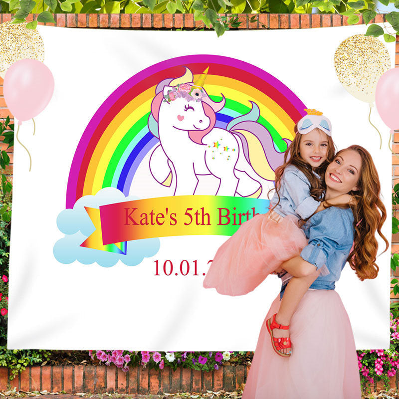 Lofaris Personalized Rainbow Unicorn Birthday Backdrop For Girl
