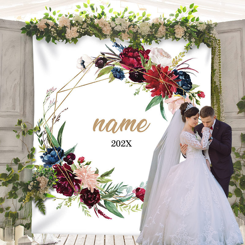 Lofaris Personalized Red Blue Watercolor Floral Wedding Backdrop