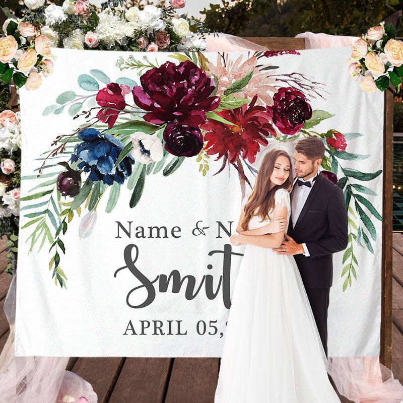 Lofaris Personalized Red BlueF loral Name Wedding Backdrop