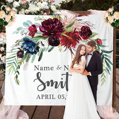 Lofaris Personalized Red BlueF loral Name Wedding Backdrop