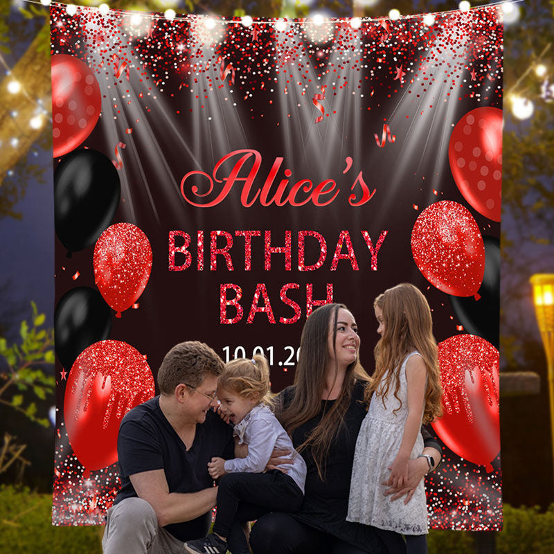 Lofaris Personalized Red Sparkling Black Birthday Backdrop