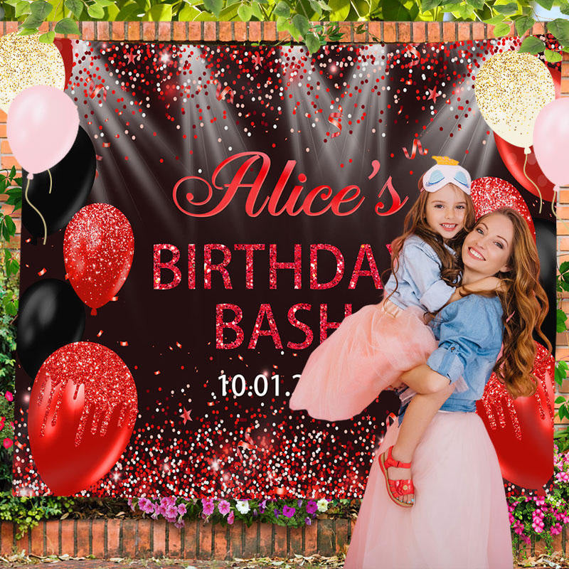 Lofaris Personalized Red Sparkling Black Birthday Backdrop