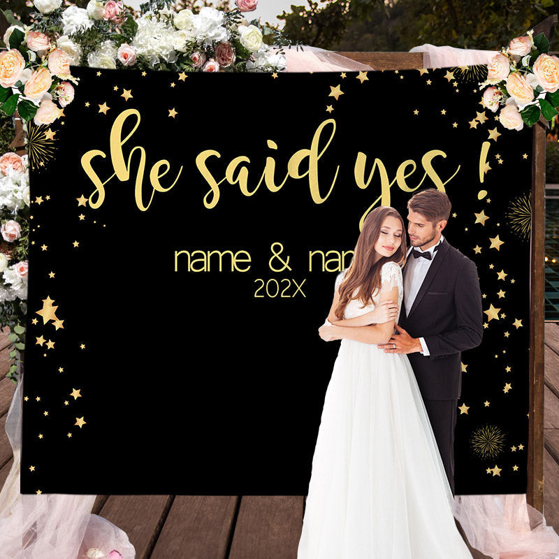 Lofaris Personalized She Said Yes Black Gold Wedding Backdrop