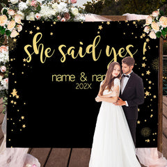 Lofaris Personalized She Said Yes Black Gold Wedding Backdrop