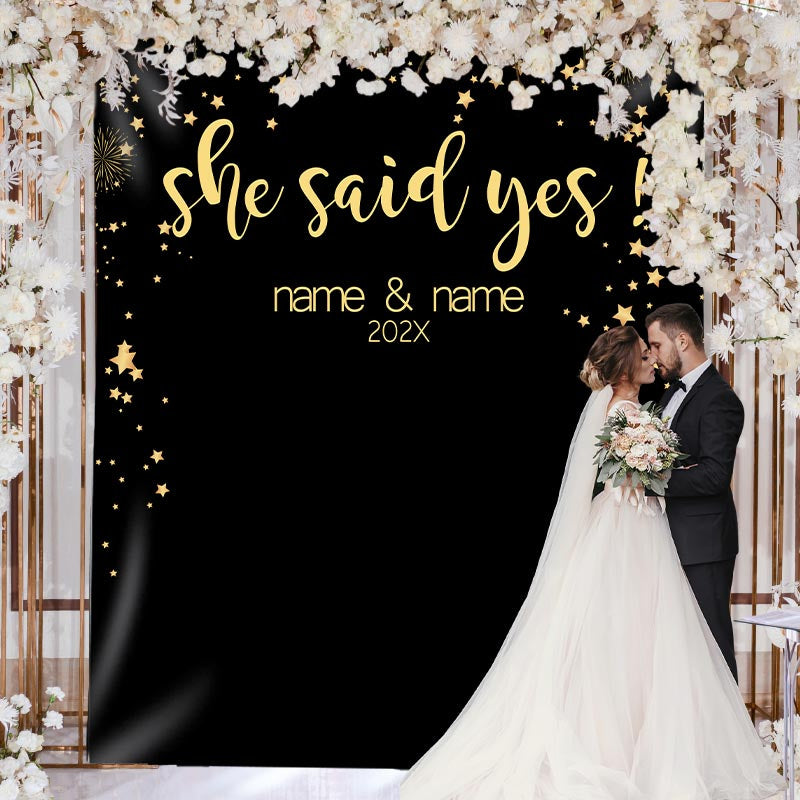 Lofaris Personalized She Said Yes Black Gold Wedding Backdrop