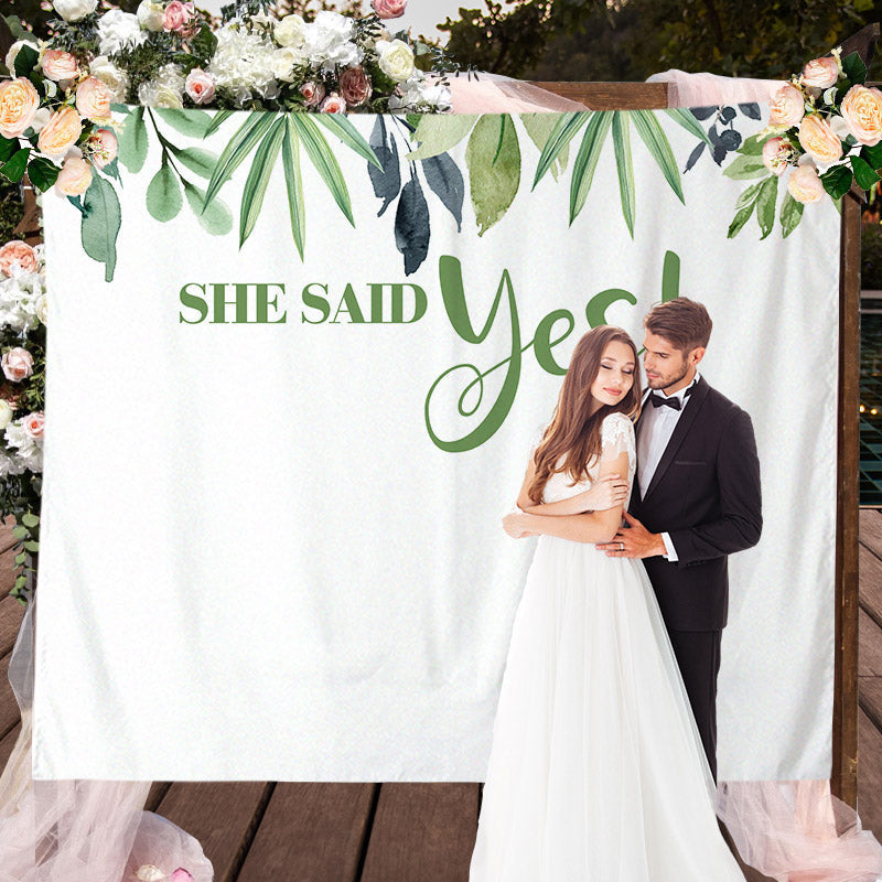 Lofaris Personalized She Said Yes Bohemian Greenery Succulent Backdrop
