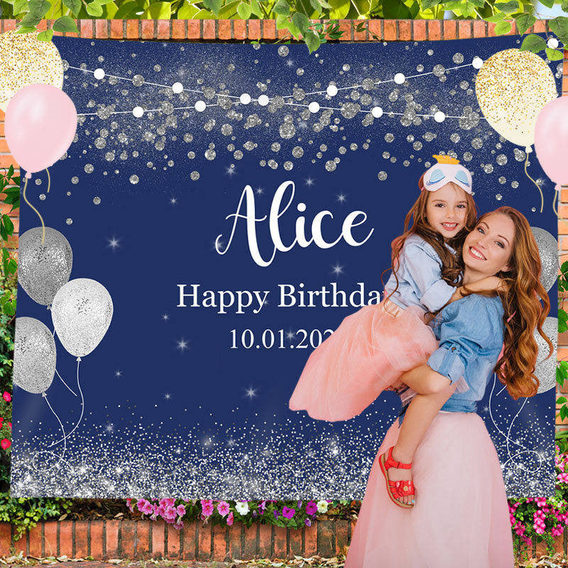 Lofaris Personalized Shiny Silver Balloon Blue Backdrops for Birthday Party