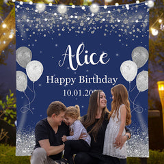 Lofaris Personalized Shiny Silver Balloon Blue Backdrops for Birthday Party