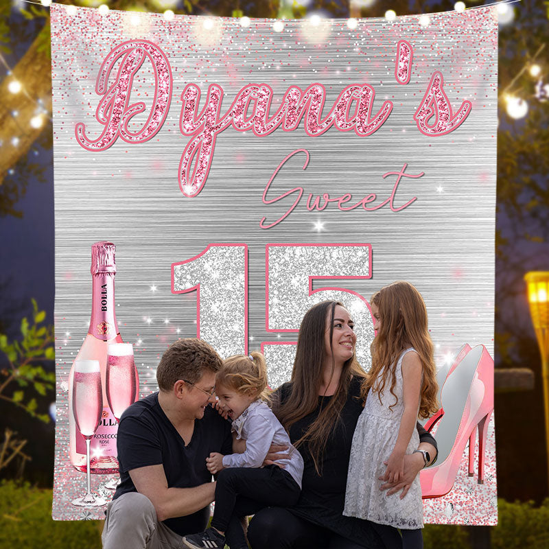 Lofaris Personalized Sliver Pink Sweet 16 Birthday backdrop