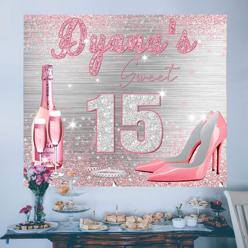 Lofaris Personalized Sliver Pink Sweet 16 Birthday backdrop