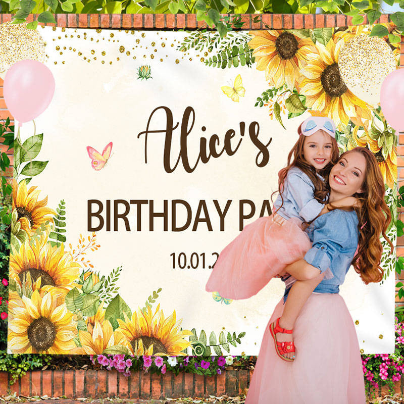 Lofaris Personalized Sunflower Butterfly Birthday Backdrop