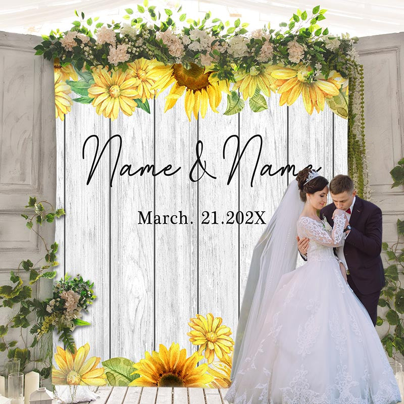 Lofaris Personalized Sunflowers And Grey Wood Wedding Backdrop Banner
