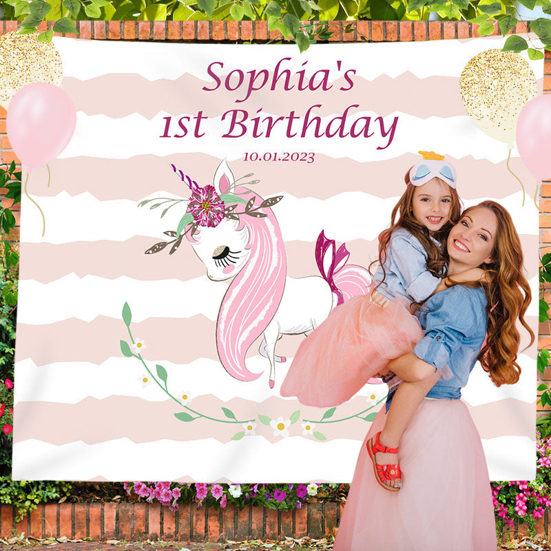 Lofaris Personalized Unicorn And Stripe Birthday Backdrop Decor