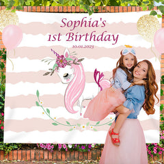 Lofaris Personalized Unicorn And Stripe Birthday Backdrop Decor