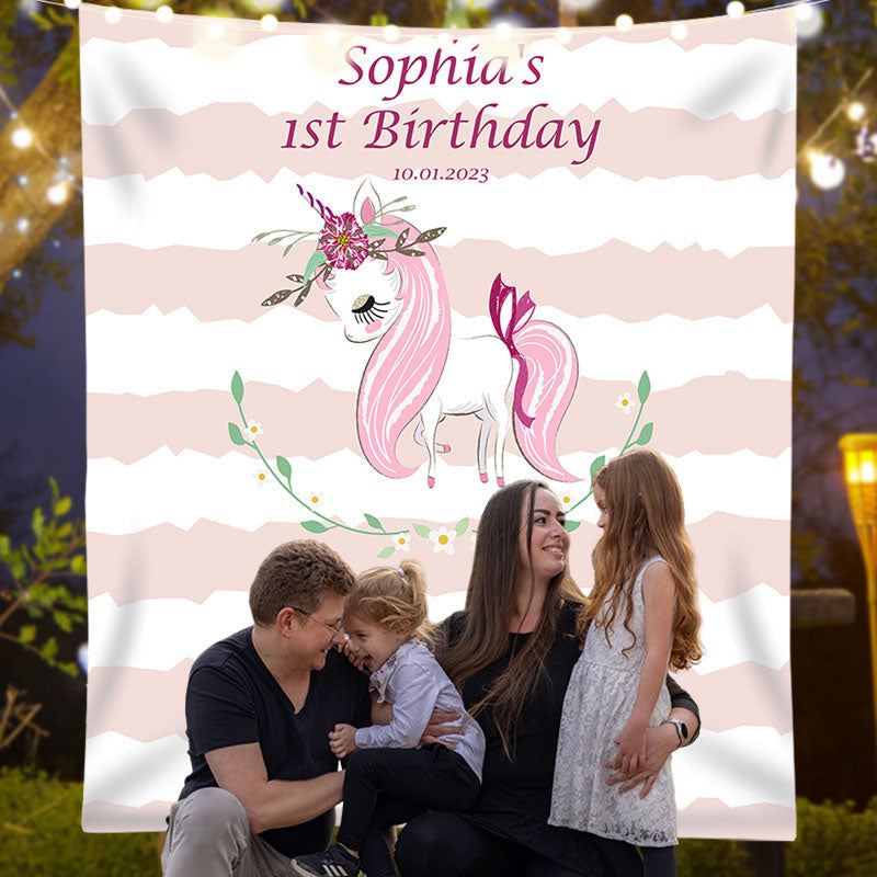 Lofaris Personalized Unicorn And Stripe Birthday Backdrop Decor