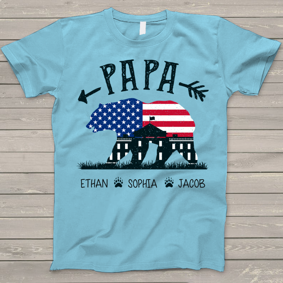 Lofaris Personalized USA Flag Papa Bear Fathers Day T - Shirt
