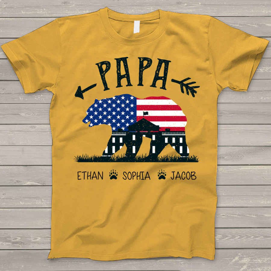 Lofaris Personalized USA Flag Papa Bear Fathers Day T - Shirt
