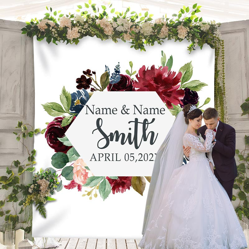 Lofaris Personalized Watercolor Floral Name Photo Wedding Backdrop